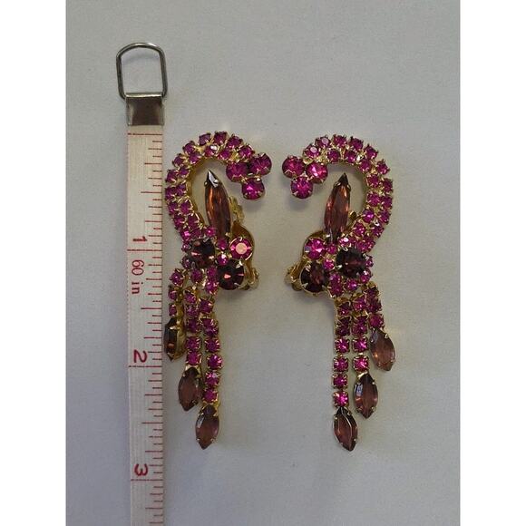 VTG Juliana Delizza Elster Earrings Purple Pink Ornate Dangle Waterfall Clip On - Picture 8 of 12